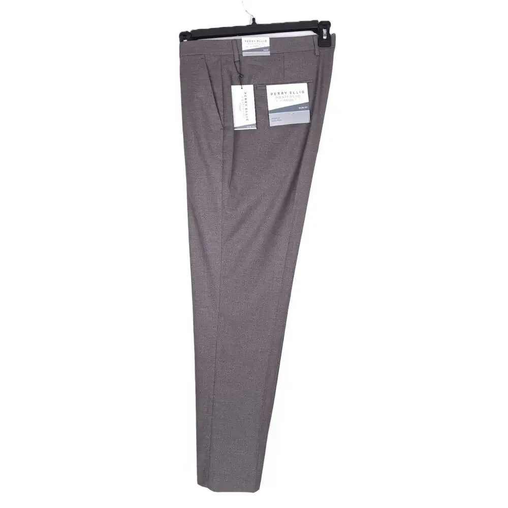 Perry Ellis Mens Slim Fit Dress Pants 38x30 Major Brown Solid Stretch Twill NWT